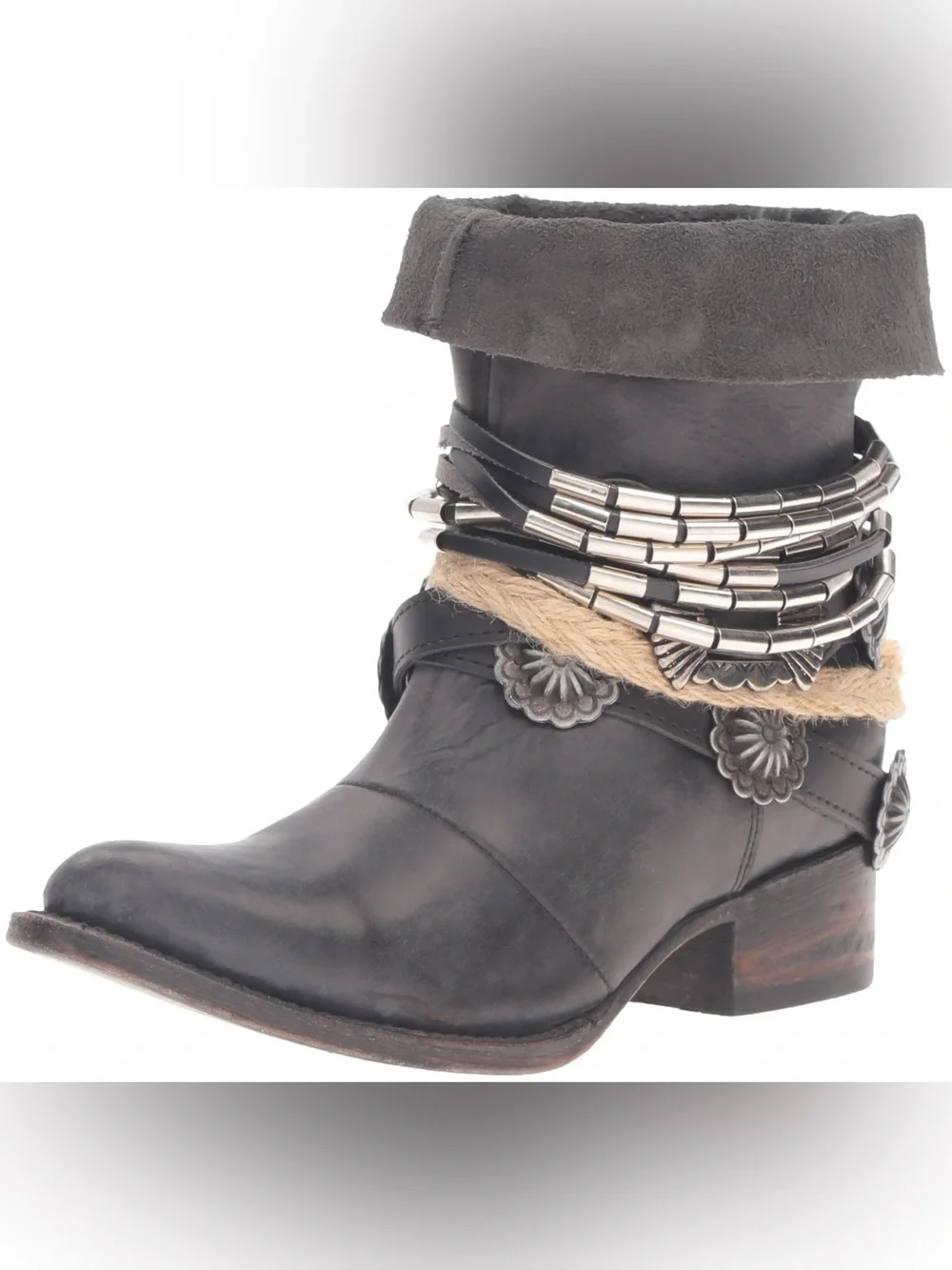 Yerba Embellished Ankle Boot with concho belt & Rope Accents distressed western